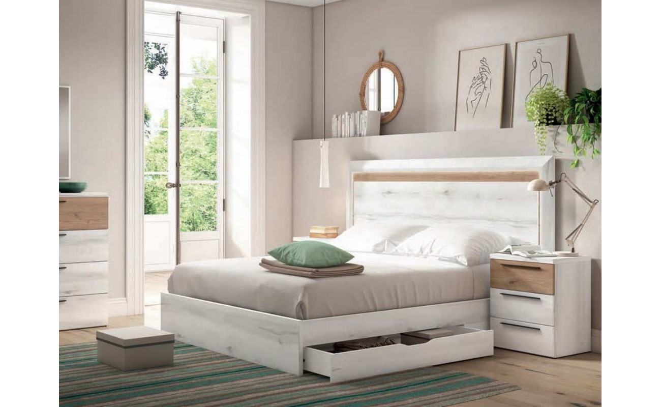 Dormitorio completo compuesto de cabecero, canapé, dos mesitas y cómoda en  madera legend y acabados en color pizarra lacado