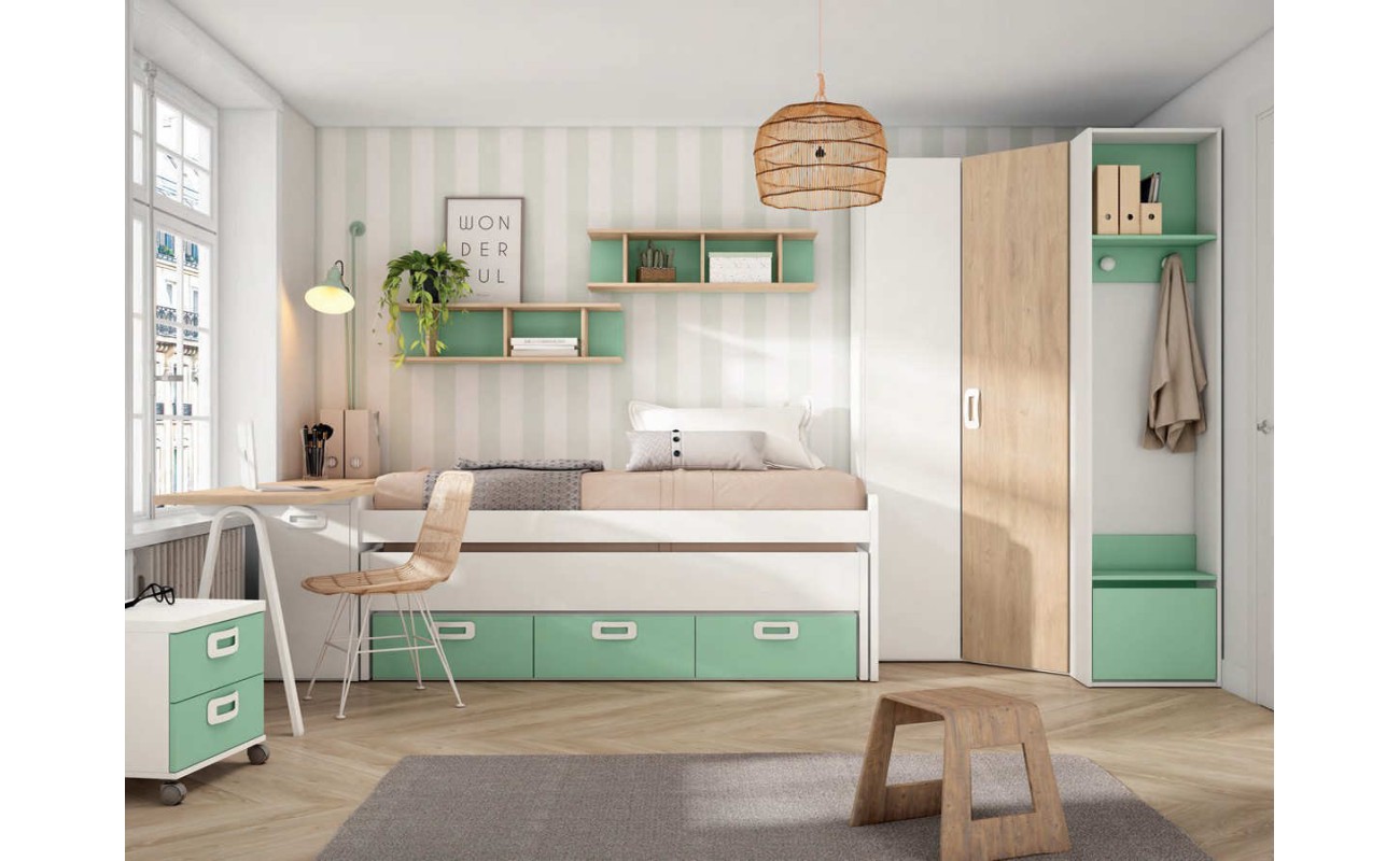 Dormitorio Completo Según Foto con cama compacta Blanco y Verde