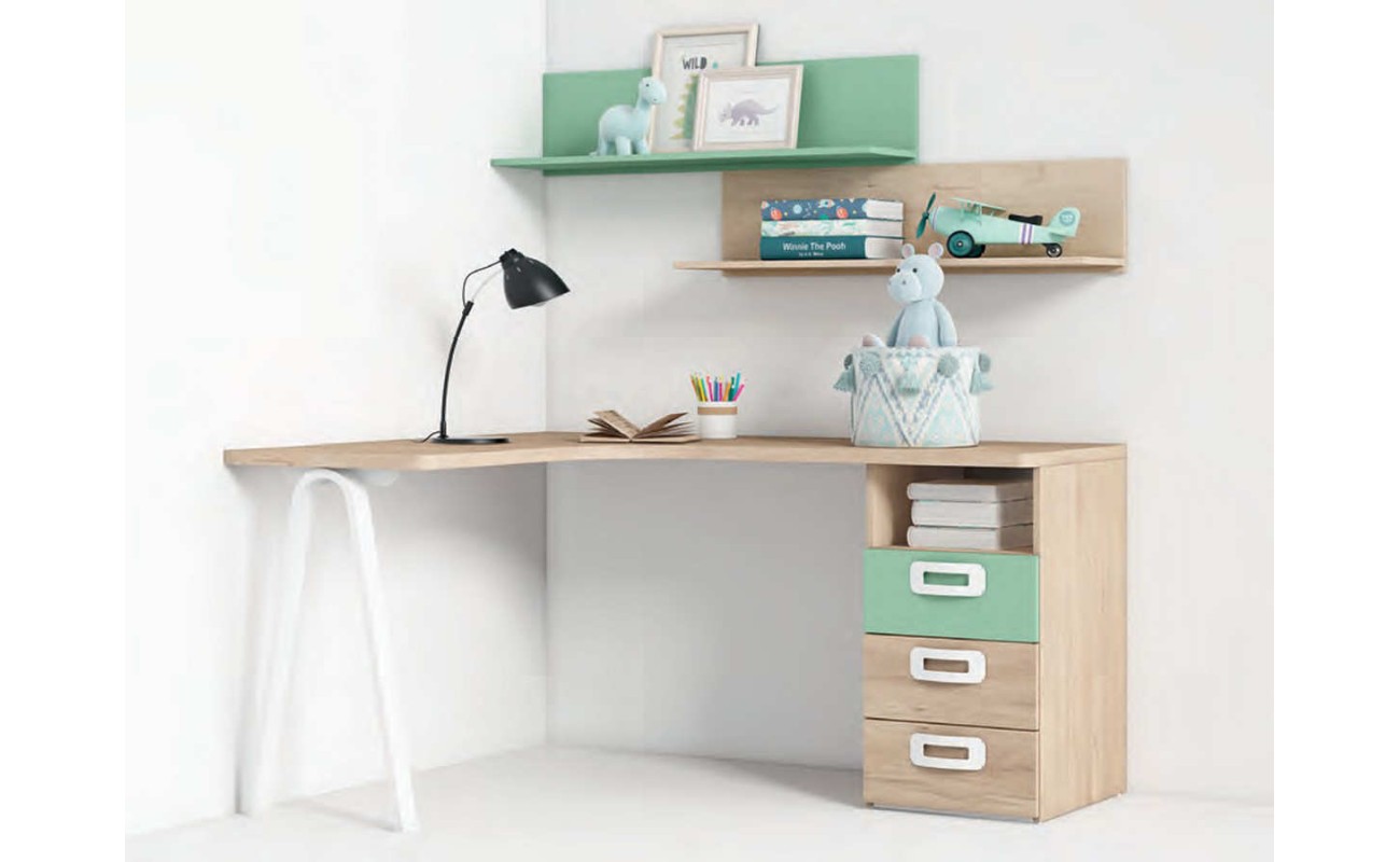 mesa escritorio oficina con forma rincón y estanterías